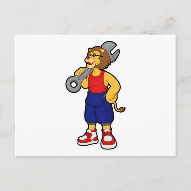 Carte Postale Lion mécanicien avec clé à écrou (Devant)