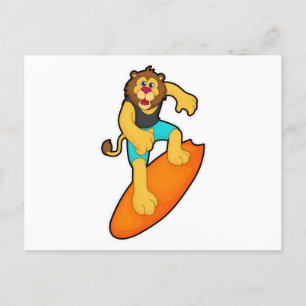 Carte Postale Lion surfeur avec planche de surf