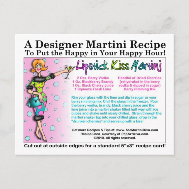 Carte postale Lipstick Kiss Martini Recette (Devant)