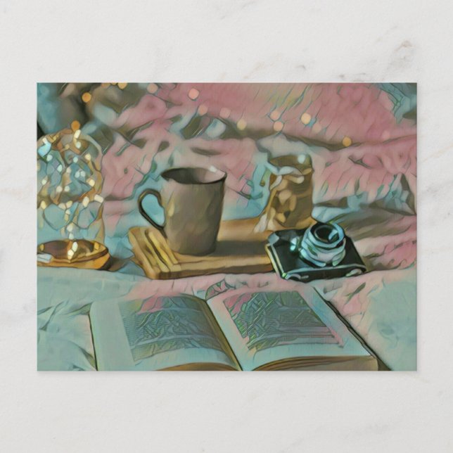 Carte Postale Lire des livres, boire du café (Devant)