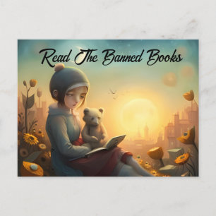 Carte Postale Lire les livres interdits Lecture fille et ours