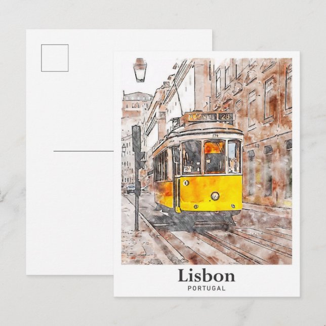Carte Postale Lisbonne Portugal aquarelle main tiré (Devant / Derrière)