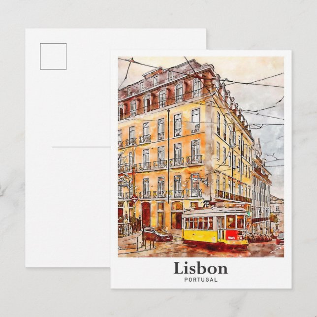 Carte Postale Lisbonne Portugal Aquarelle Voyage Main tirée (Devant / Derrière)
