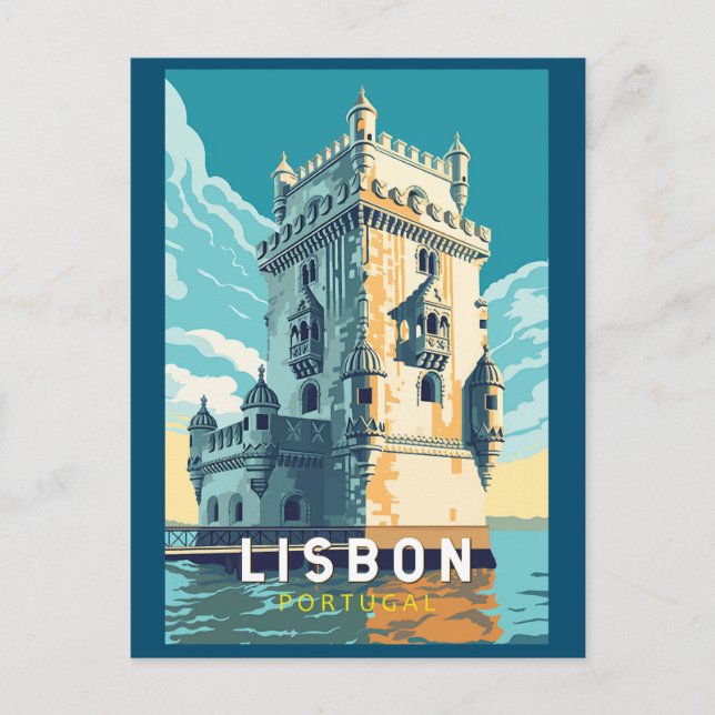 Carte Postale Lisbonne Portugal Tour de Belem Art Voyage Rétro (Devant)