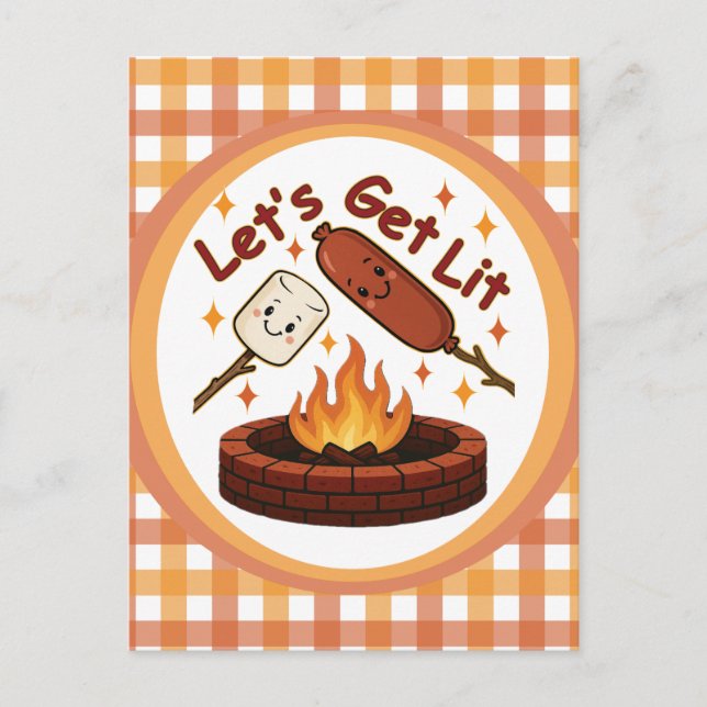 Carte Postale Lit Firepit - mignon Marshmallow & Hot Dog (Devant)