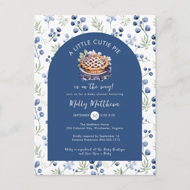 Carte Postale Little Cutie Pie Blue Baby shower Floral (Devant)