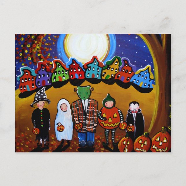 Carte postale Little Halloween Kids Folk Art (Devant)