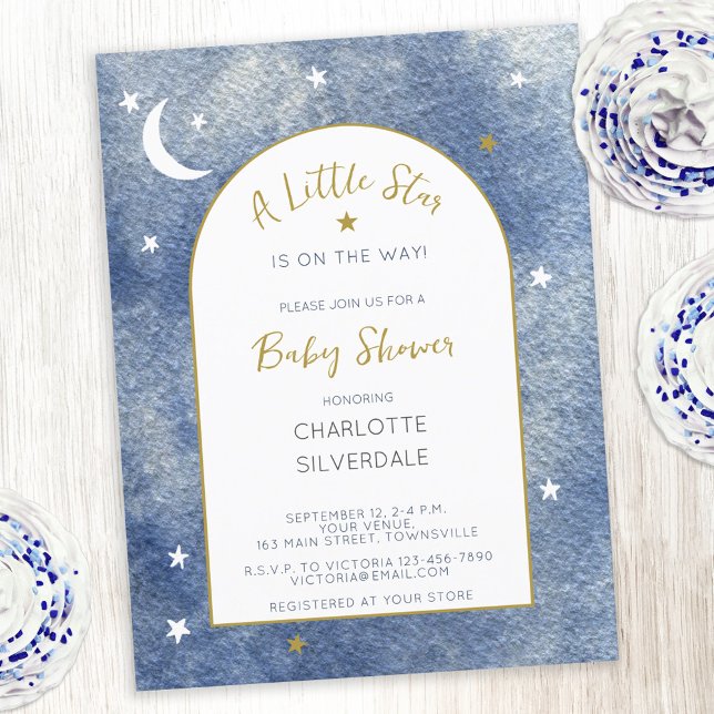 Carte postale Little Star Baby shower Invitation (A Little Star is on the Way watercolor navy blue, gold and white baby shower invitation postcard)