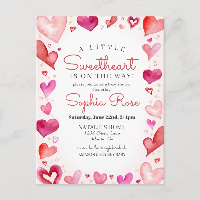 Carte Postale Little Sweetheart Février baby shower pour fille (Devant)
