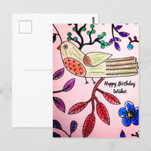 CARTE POSTALE LIVRE OISEAU ROSE ORANGE BLEU Co