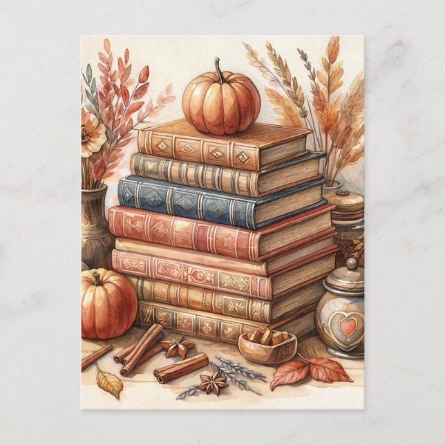 Carte Postale Livres d'automne et Citrouille (Devant)