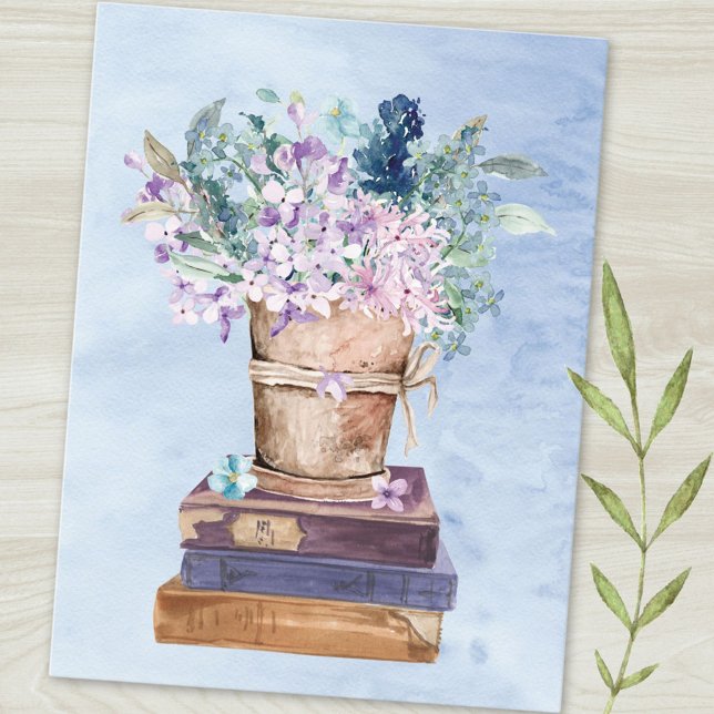 Carte Postale Livres et fleurs bleu violet Art (Close up)