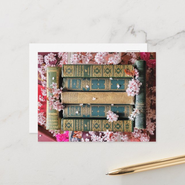Carte Postale Livres verts - Fleurs roses (Devant/Arrière en situation)