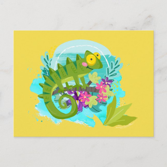 Carte Postale Lizard vert tropical aux fleurs (Devant)