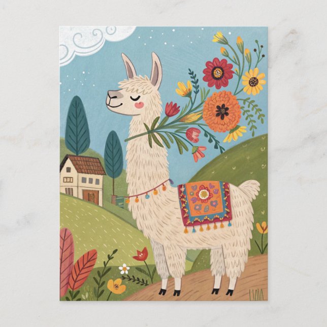 Carte Postale Llama avec fleurs art folklorique (Devant)