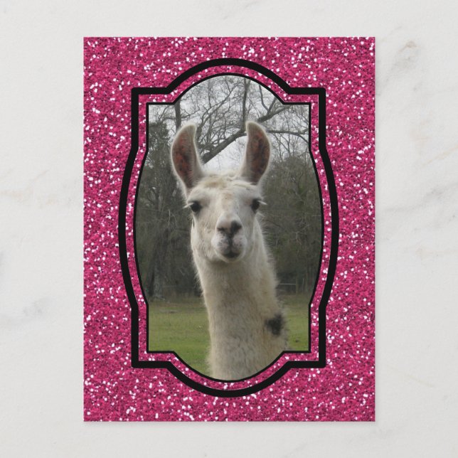 Carte Postale Llama étincelante N brillante en rose chaud (Devant)