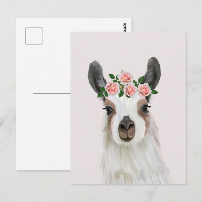 Carte Postale Llama Fluffée Cute Avec Couronne Fleur Rose Rose (Devant / Derrière)