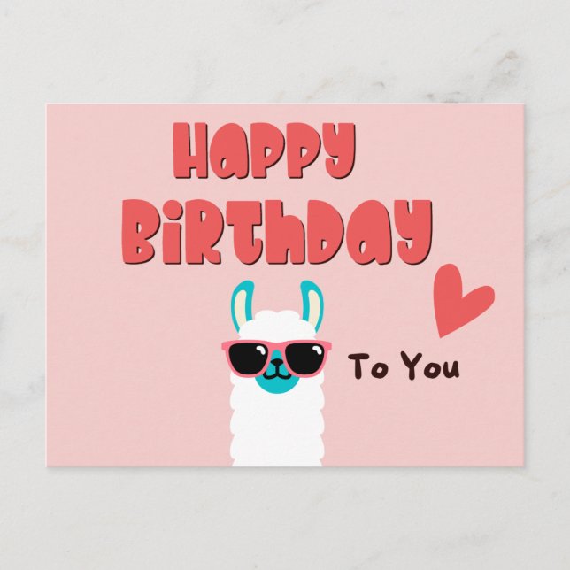 Carte Postale Llama rose mignonne en lunettes anniversaire (Devant)
