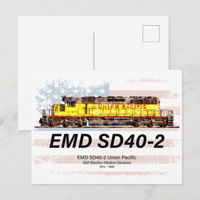 Carte Postale Locomotive diesel EMD SD40-2. drapeau américain (Devant / Derrière)