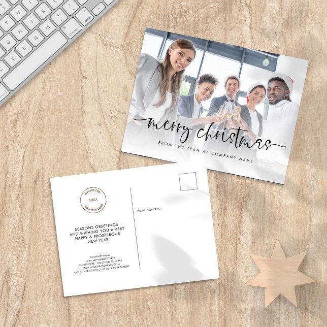 Carte Postale Logo de l'entreprise Ajouter photo Joyeux script d (Front and back view)