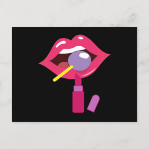 Carte Postale Lollipop rouge lèvres. Bonbon de maquillage rouge 