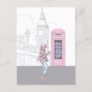 Carte Postale London City Girl avec boîte de téléphone rose