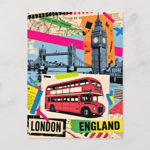 Carte Postale Londres Angleterre Art Pop Rétro Voyage en Bus Vin