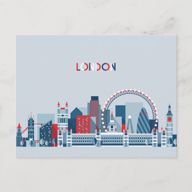 Carte Postale Londres, Angleterre | Skyline rouge, blanc et bleu (Devant)