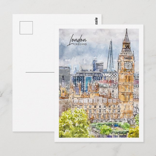 Carte Postale Londres Angleterre Travel Place Watercolor (Devant / Derrière)