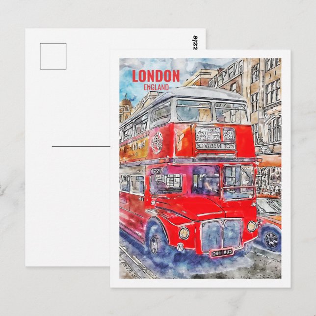Carte Postale Londres Bus Angleterre célèbre Travel Place Waterc (Devant / Derrière)