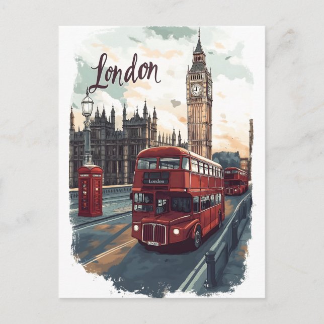 Carte Postale Londres Cityscape avec bus à impériale et Big Ben (Devant)