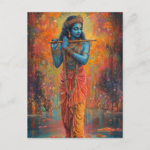 Carte Postale Lord Krishna jouant de l'Art bleu orange flûte