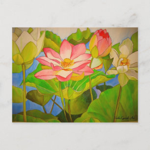 Carte Postale Lotus rose nénuphar aquarelle peinture