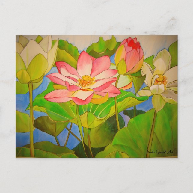 Carte Postale Lotus rose nénuphar aquarelle peinture (Devant)