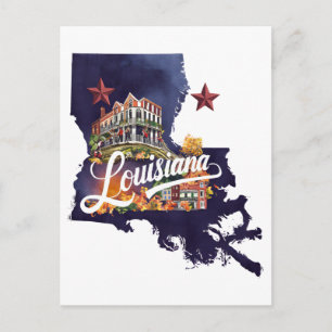 Carte Postale Louisiane États-Unis État Forme Aquarelle Vintage