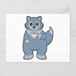 Carte Postale Loup avec tasse de café