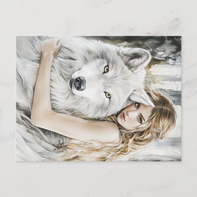 Carte Postale Loup blanc et fille (Devant)