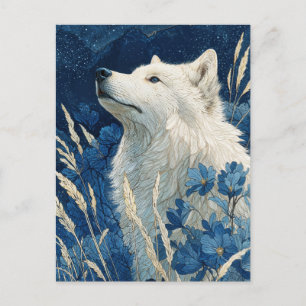Carte Postale Loup Blanc Noble dans Jardin Bleu de Minuit