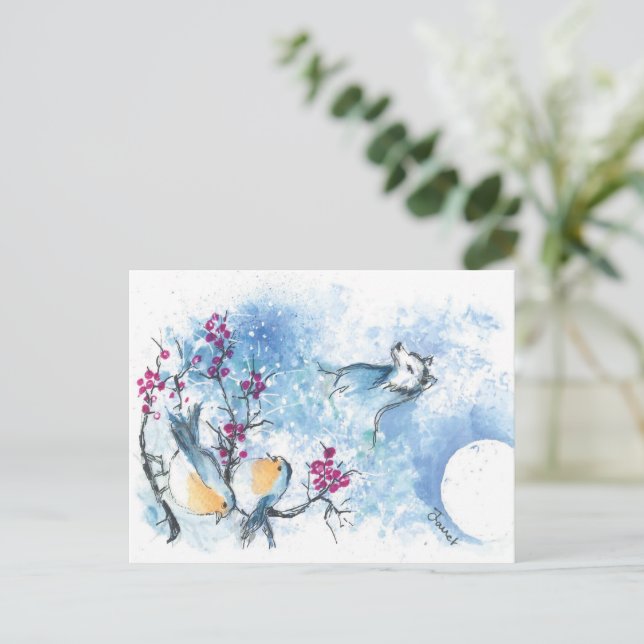 Carte postale Loup de neige et rouges-gorges (Debout devant)