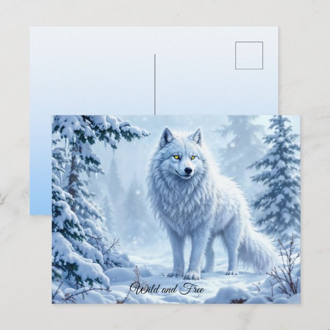 Carte Postale Loup de neige sauvage prédateur nature hiver art (Devant / Derrière)