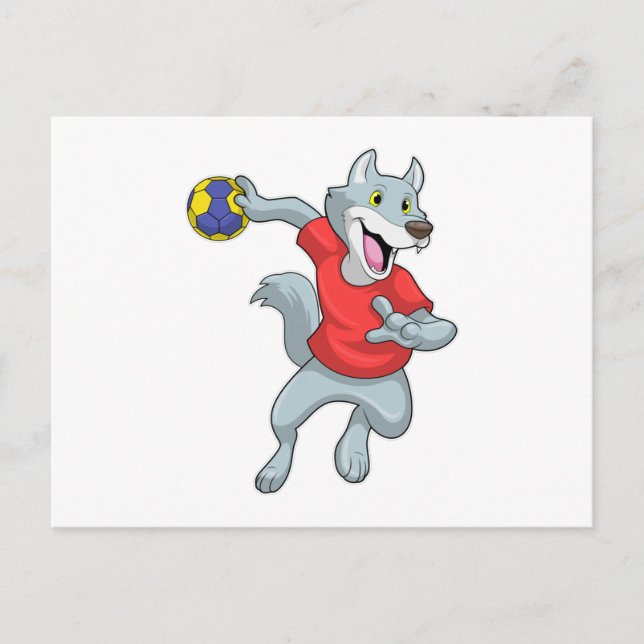 Carte Postale Loup en tant que joueur de handball avec Handball (Devant)