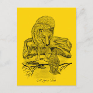 Carte Postale Loup et Corbeau - Dessin noir et jaune