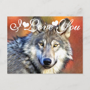 Carte Postale Loup gris Peinture d'art Photo Je t'aime