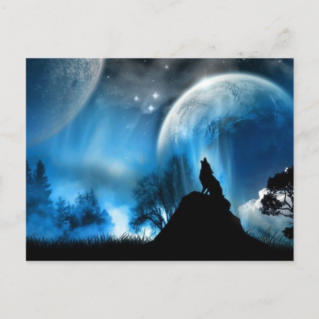 Carte postale Loup hurlant à 2 lunes (Devant)