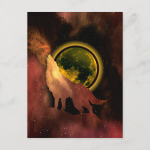 CARTE POSTALE LOUP HURLANT DANS LA GALAXIE LUNAIRE DE L'ESPACE