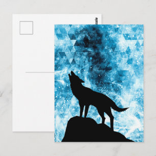 Carte Postale Loup hurlant Fumée bleue enneigée d'hiver Abstrait