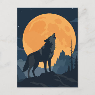 Carte Postale Loup hurlant sous une grande lune de récolte Art