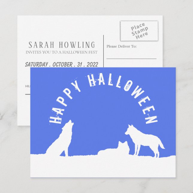 Carte Postale Loups en neige, Invitation de la fête d'Halloween (Devant / Derrière)