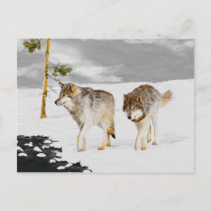 Carte Postale Loups en peinture sur neige - Art original de la f