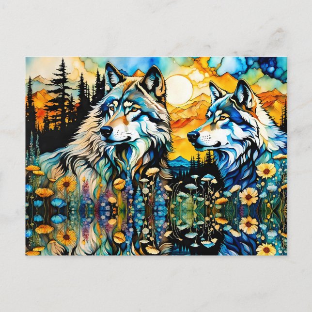 Carte Postale Loups gris et Fleurs sauvages (Devant)